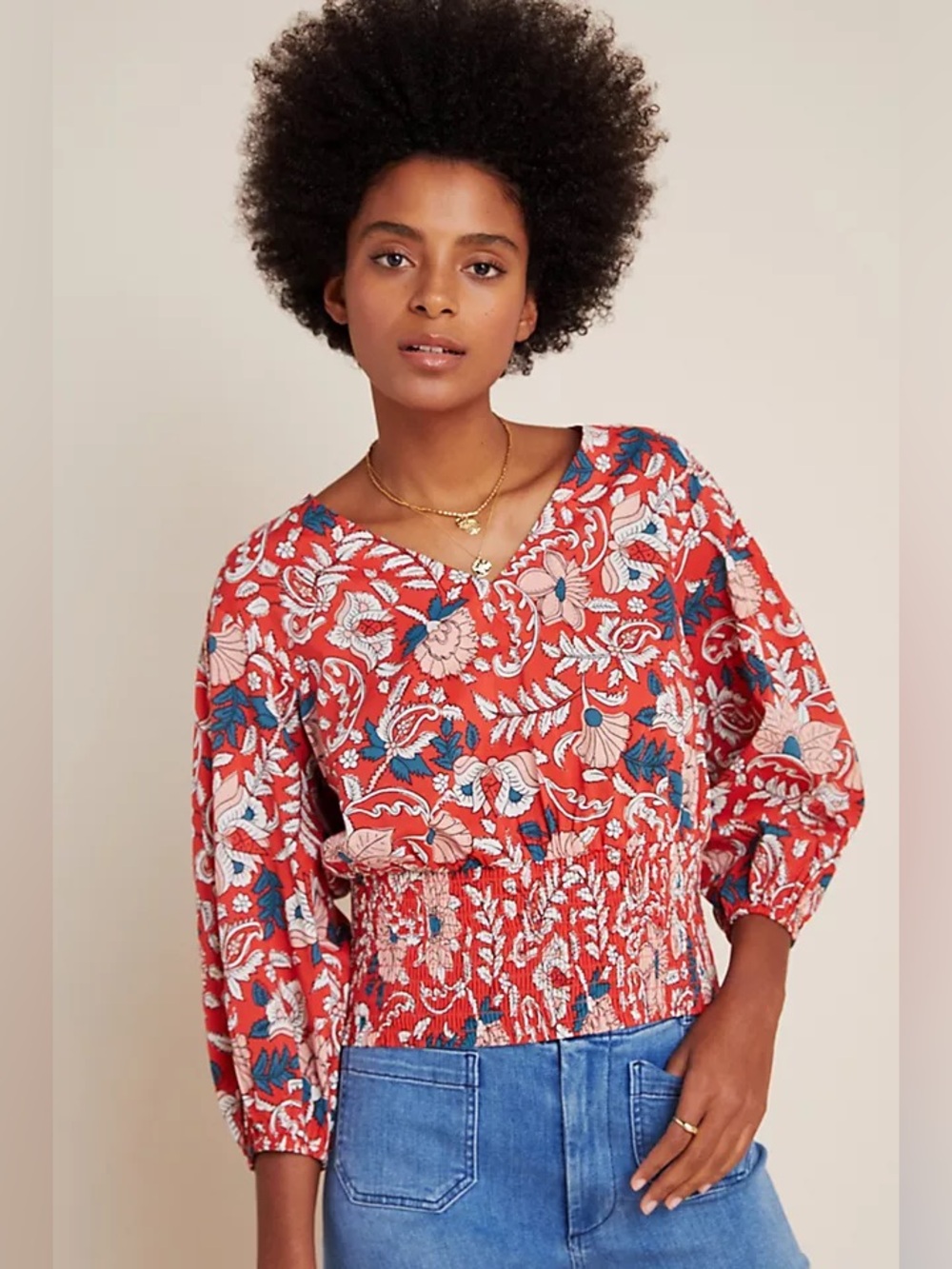 Anthropologie, Floral Print V-Neck Peasant Top, Red, L - Picture 2 of 7